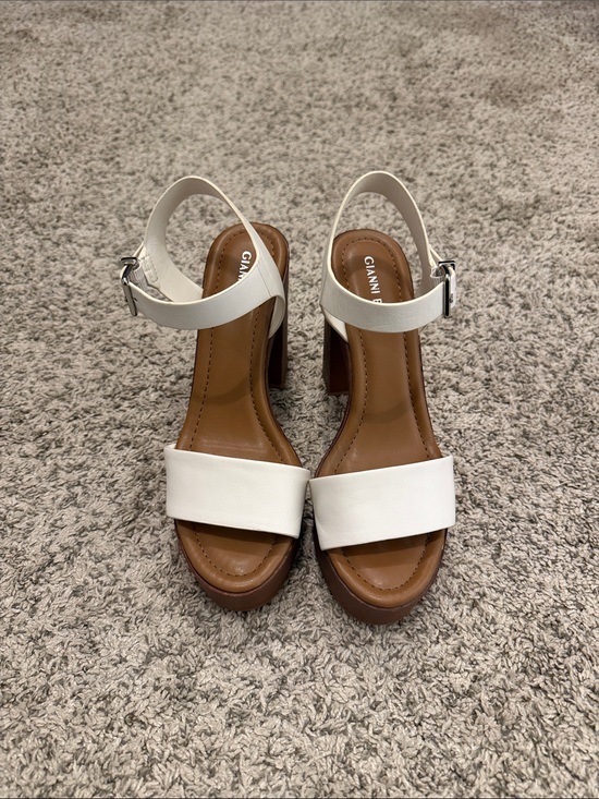 Gianni Bini Shoes - Gianni Bini White Leather Platform Sandals with Brown Wood-Effect Heel